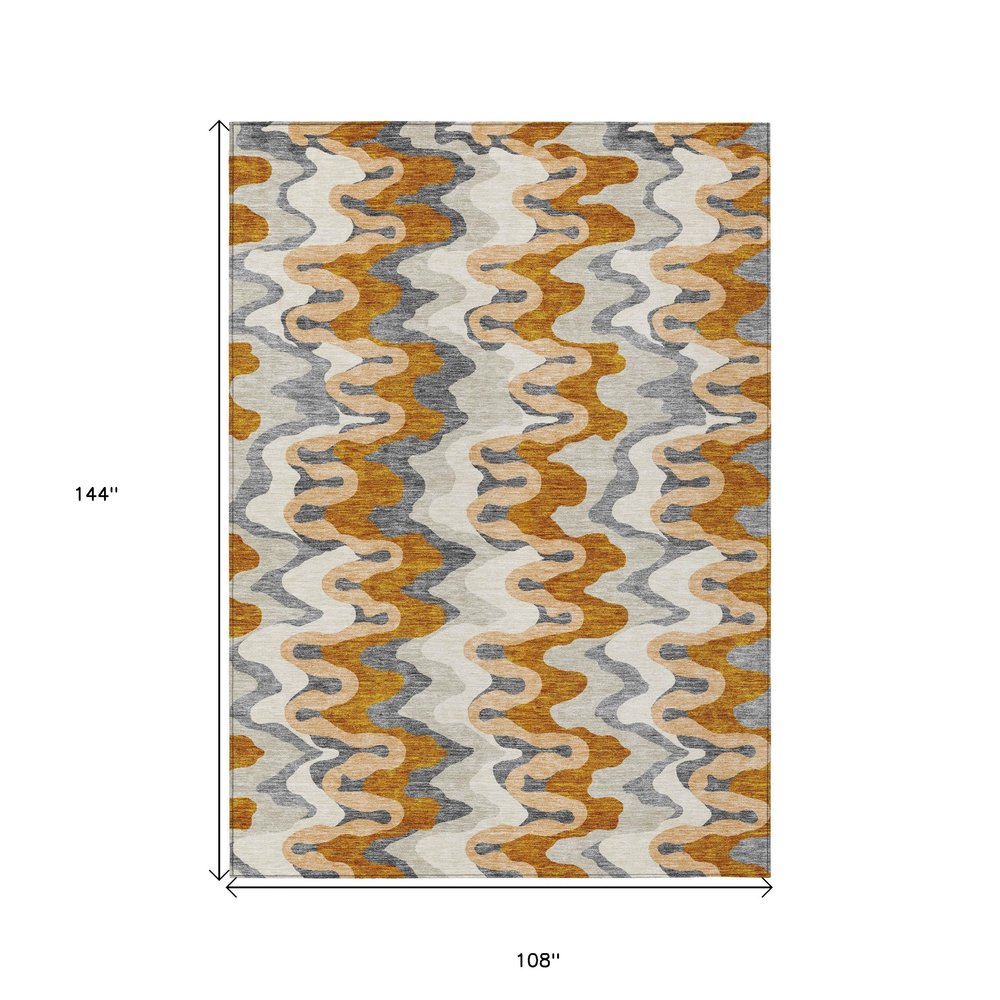 9' X 12' Terra Cotta Copper And Gray Abstract Washable Indoor Outdoor Area Rug