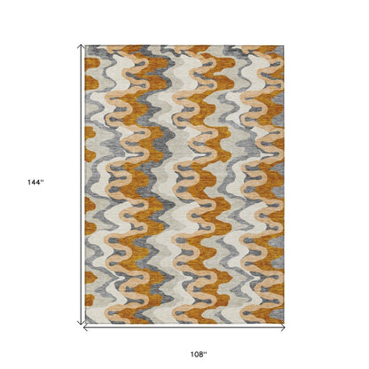 9' X 12' Terra Cotta Copper And Gray Abstract Washable Indoor Outdoor Area Rug