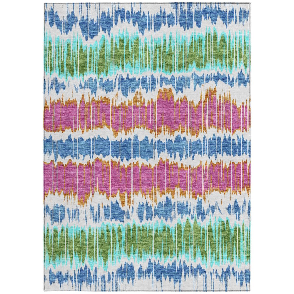 9' X 12' White Blue And Pink Striped Washable Indoor Outdoor Area Rug