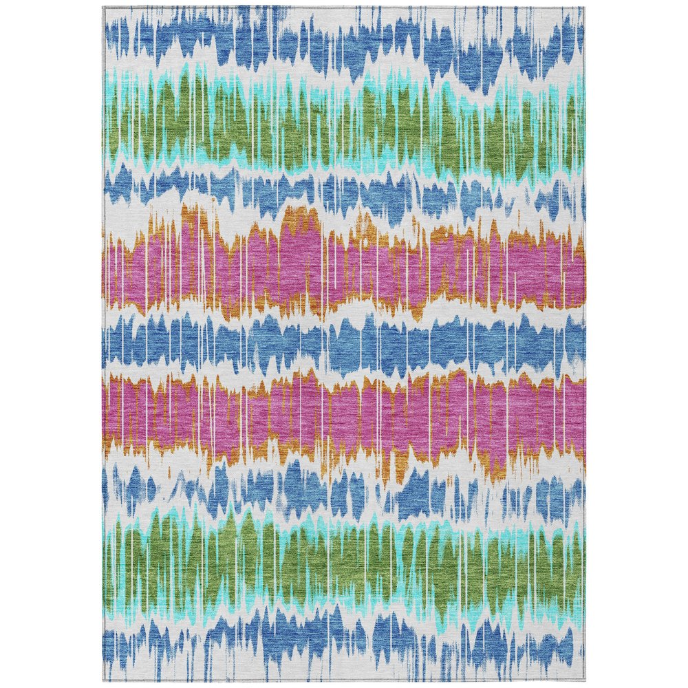9' X 12' White Blue And Pink Striped Washable Indoor Outdoor Area Rug