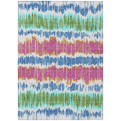 9' X 12' White Blue And Pink Striped Washable Indoor Outdoor Area Rug