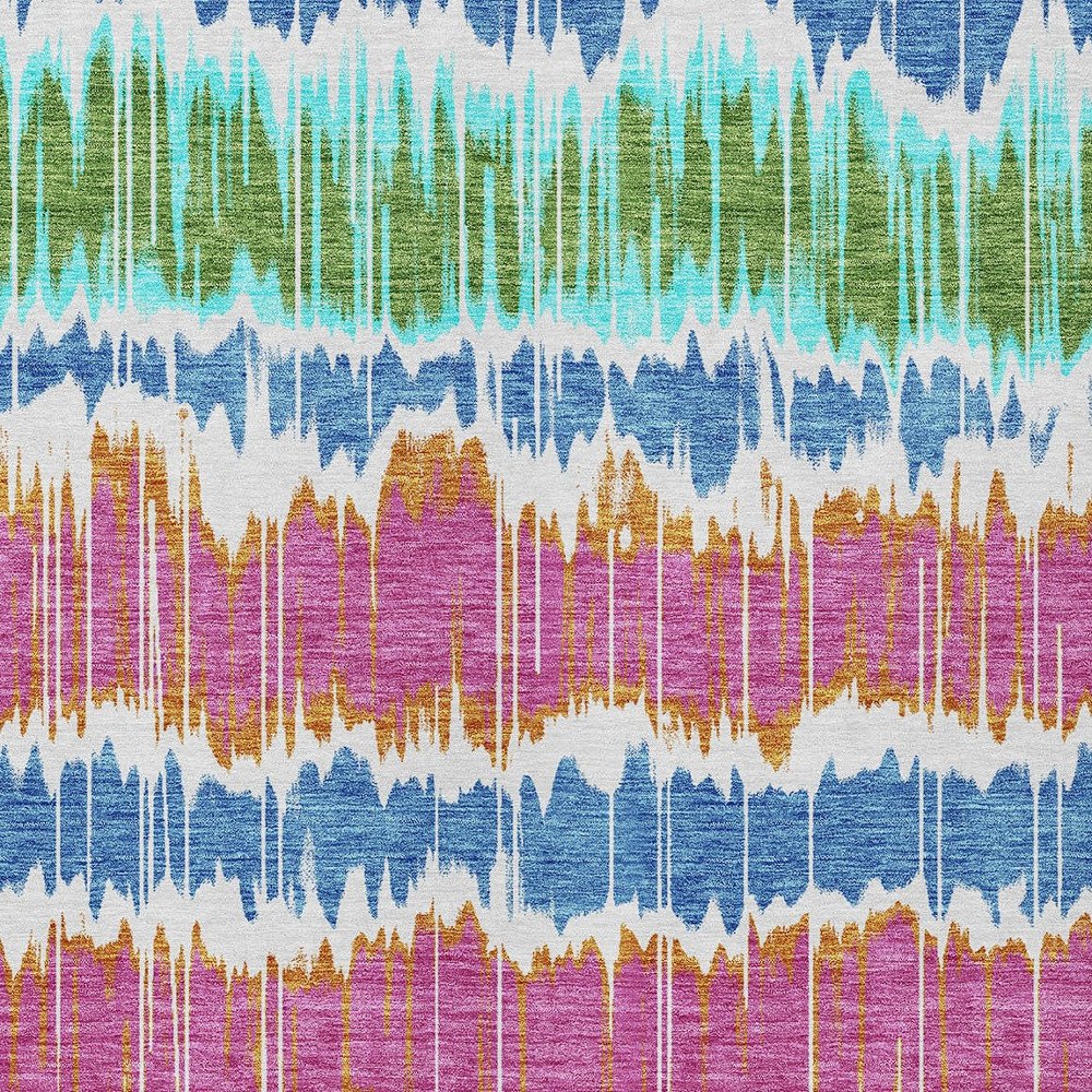 9' X 12' White Blue And Pink Striped Washable Indoor Outdoor Area Rug