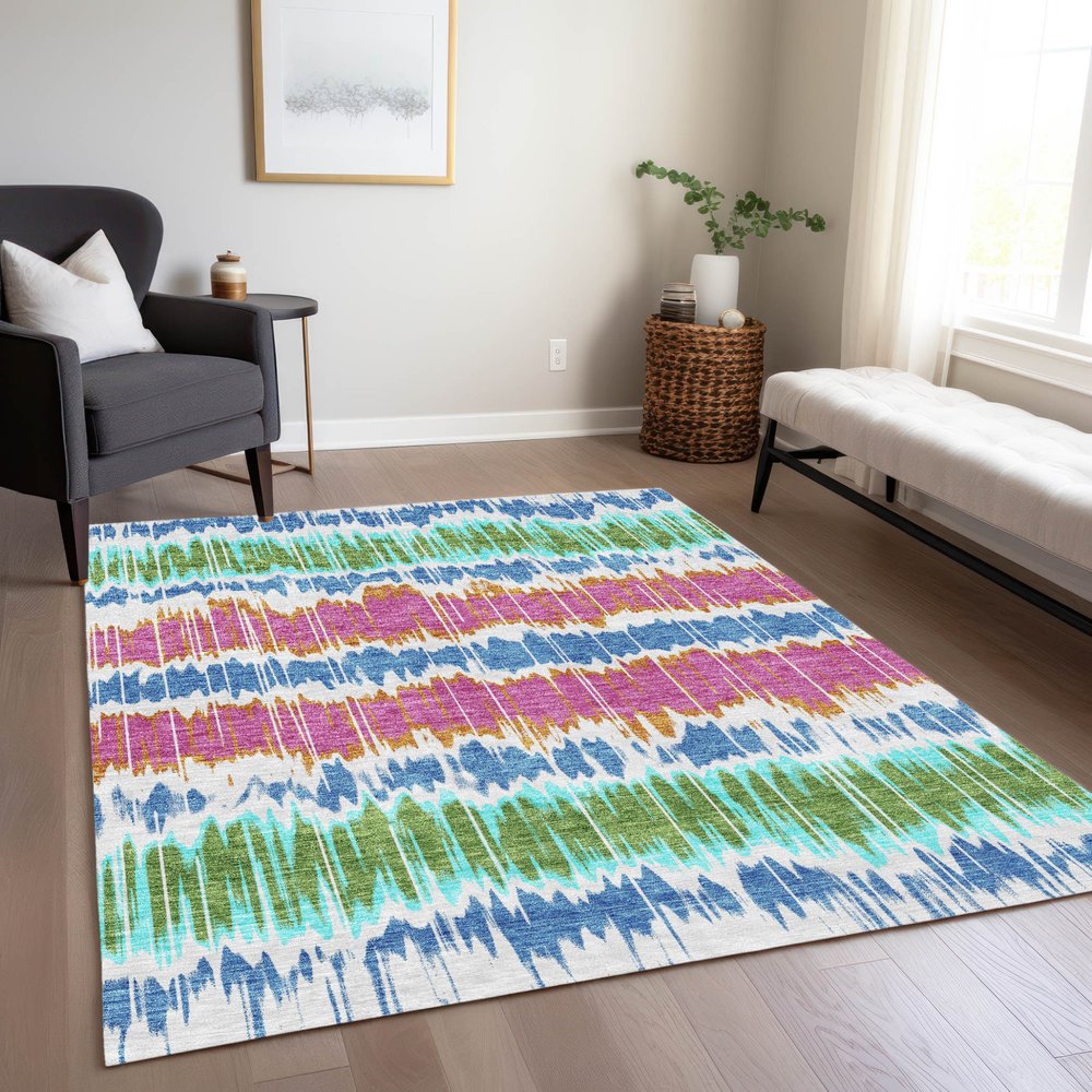 9' X 12' White Blue And Pink Striped Washable Indoor Outdoor Area Rug