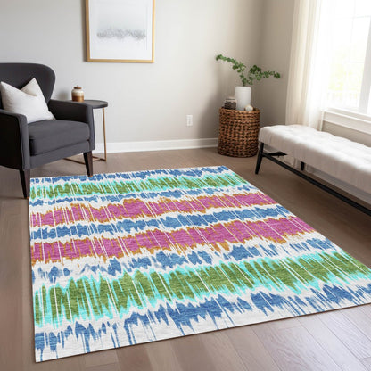 9' X 12' White Blue And Pink Striped Washable Indoor Outdoor Area Rug
