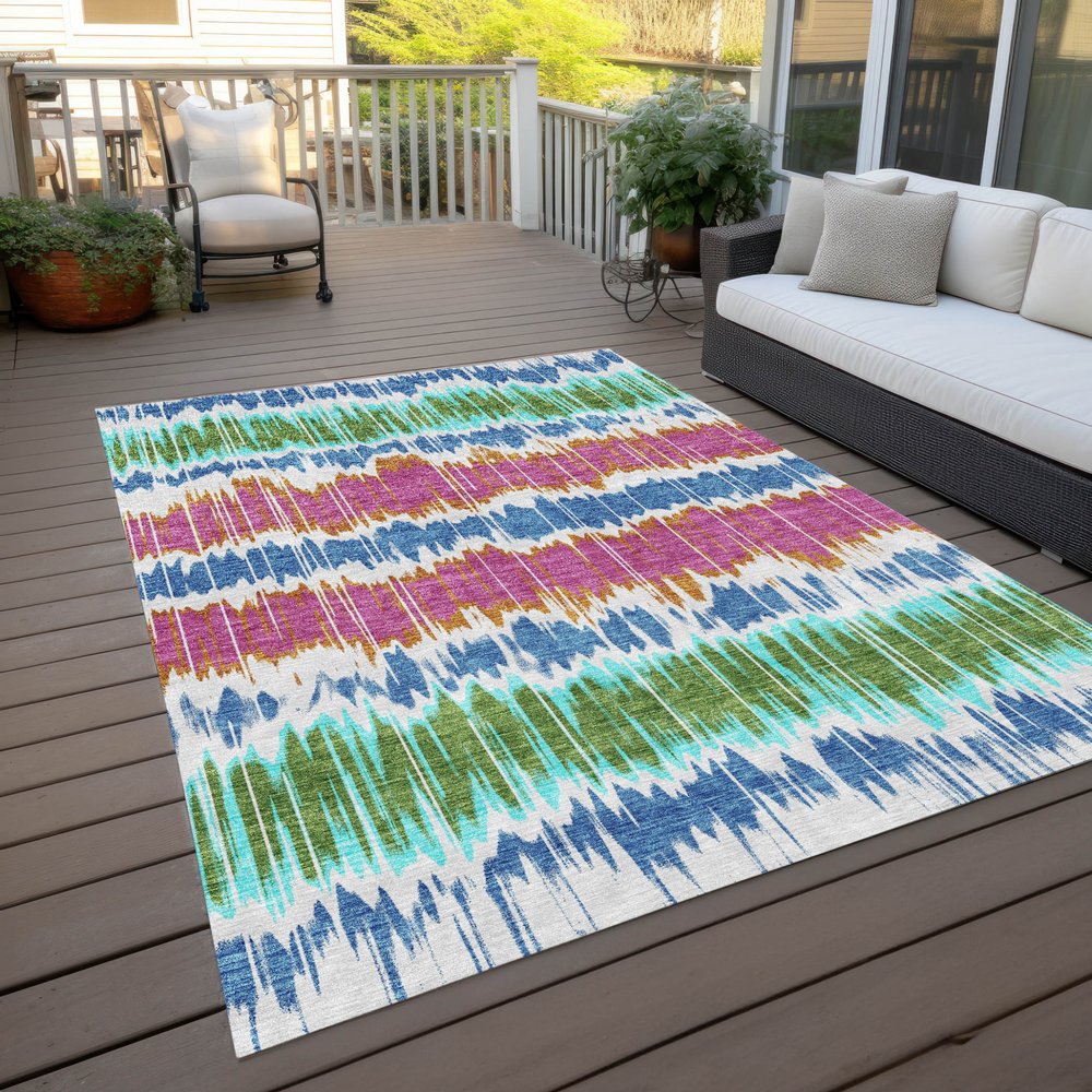 9' X 12' White Blue And Pink Striped Washable Indoor Outdoor Area Rug