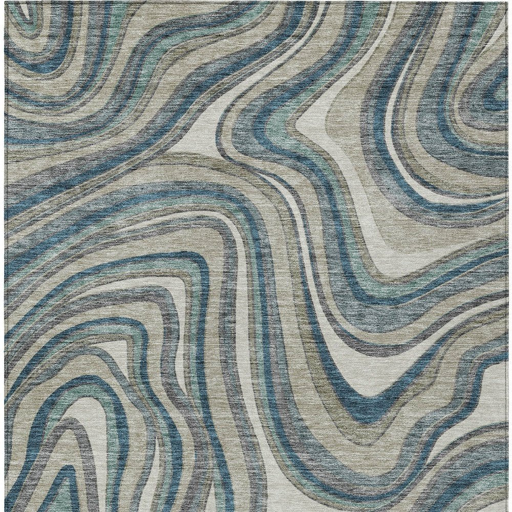 9' X 12' Teal Blue Gray And Taupe Abstract Washable Indoor Outdoor Area Rug