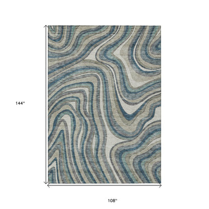 9' X 12' Teal Blue Gray And Taupe Abstract Washable Indoor Outdoor Area Rug