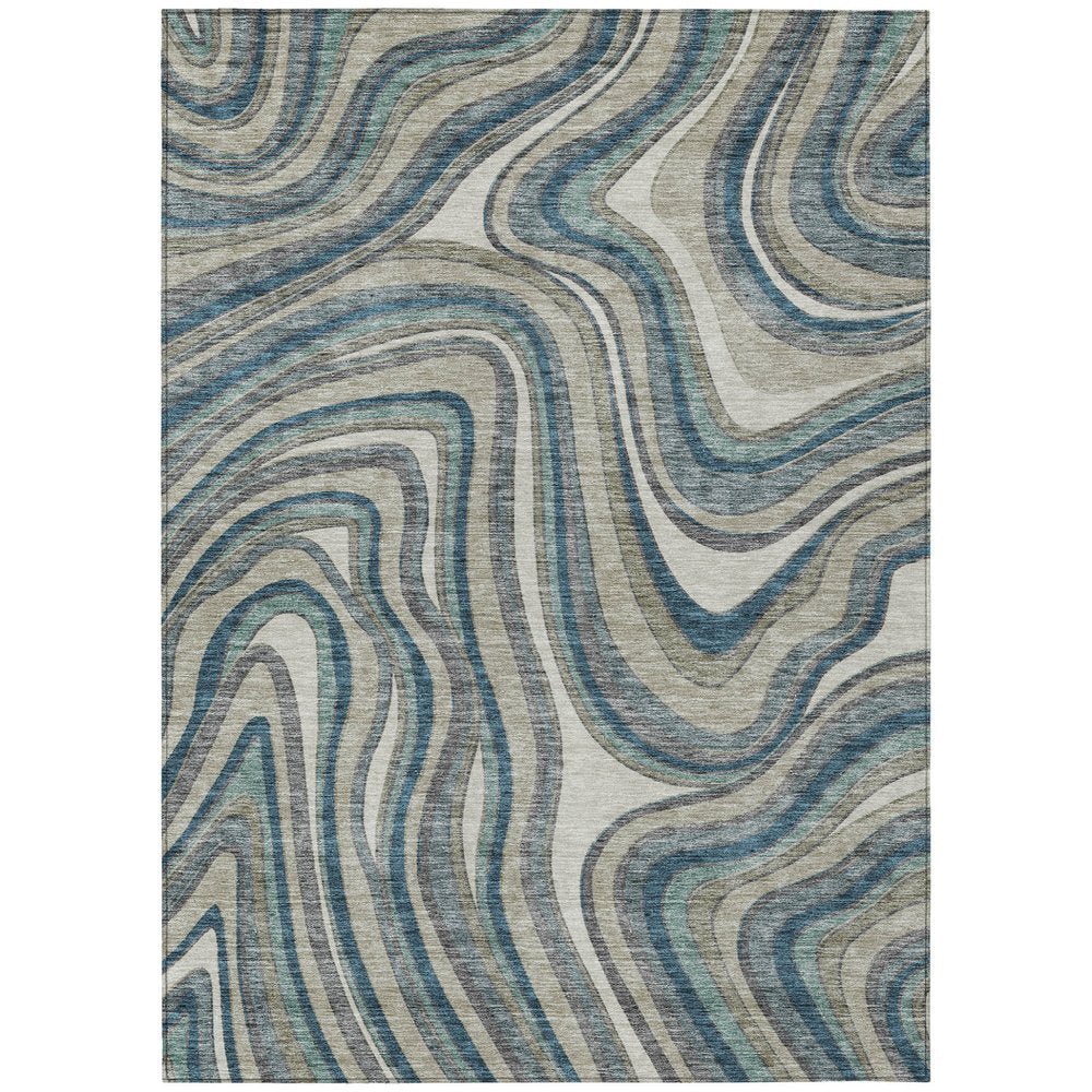 9' X 12' Teal Blue Gray And Taupe Abstract Washable Indoor Outdoor Area Rug