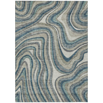 9' X 12' Teal Blue Gray And Taupe Abstract Washable Indoor Outdoor Area Rug