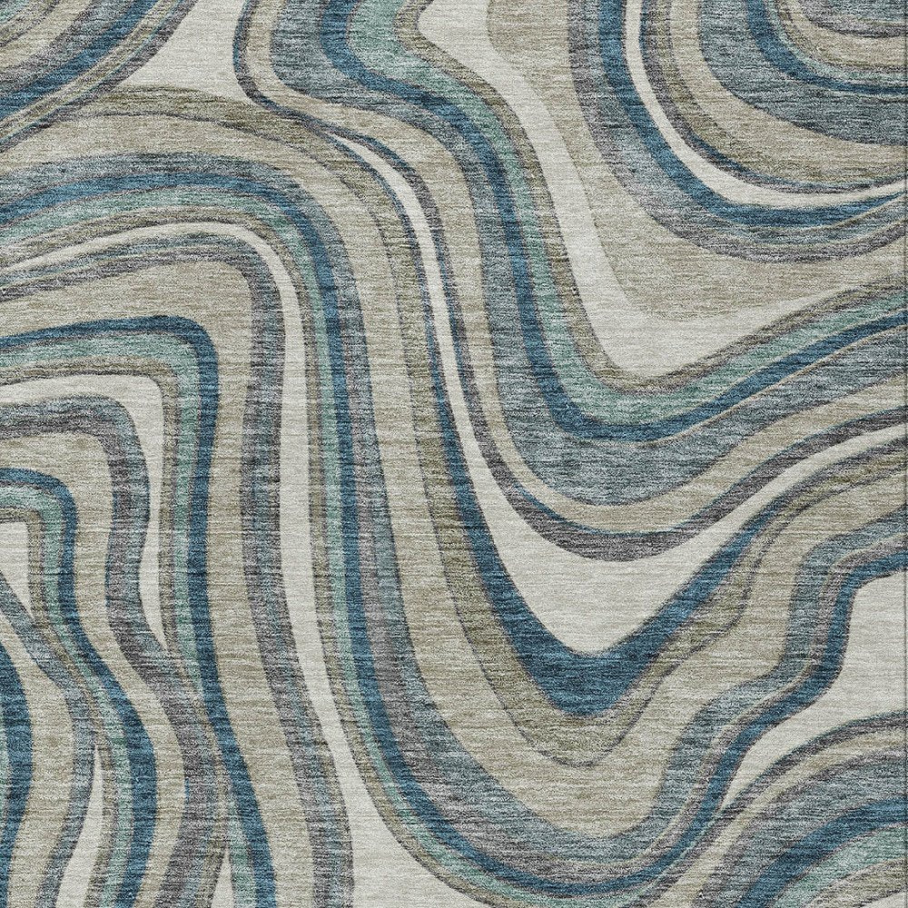 9' X 12' Teal Blue Gray And Taupe Abstract Washable Indoor Outdoor Area Rug