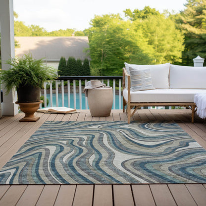 9' X 12' Teal Blue Gray And Taupe Abstract Washable Indoor Outdoor Area Rug