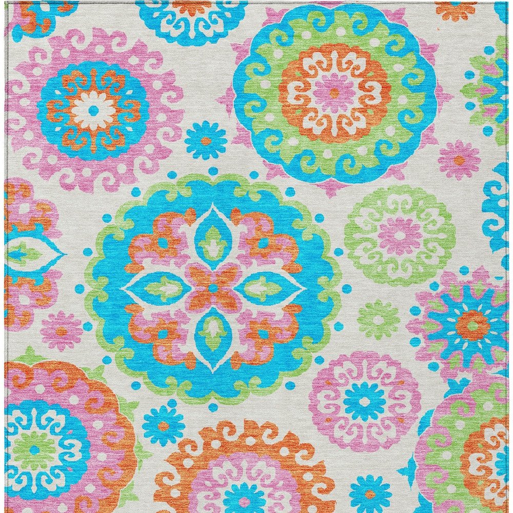 9' X 12' White Orange And Teal Blue Floral Medallion Washable Indoor Outdoor Area Rug