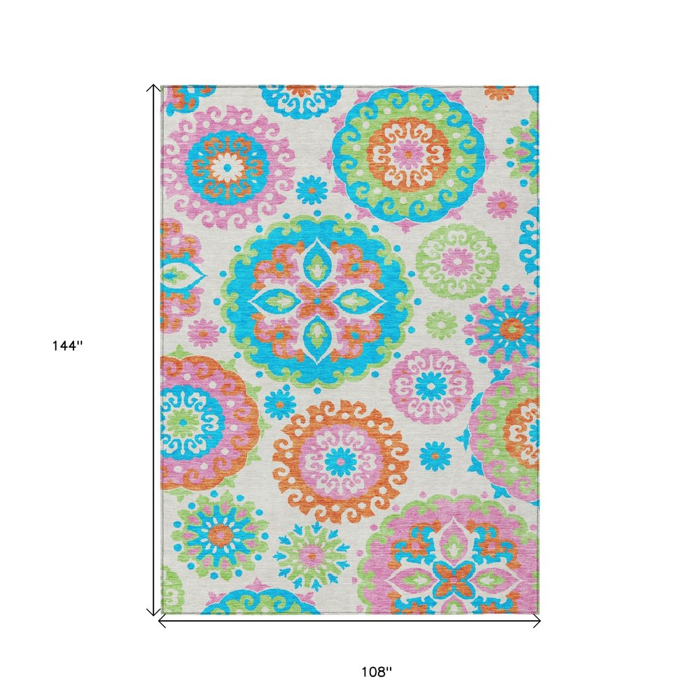 9' X 12' White Orange And Teal Blue Floral Medallion Washable Indoor Outdoor Area Rug
