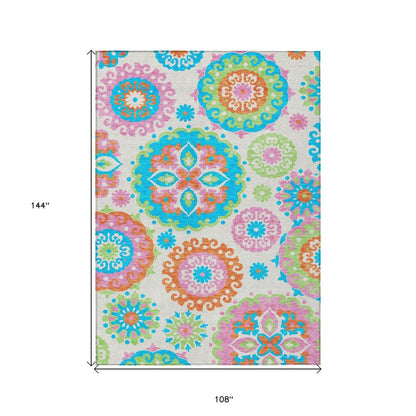 9' X 12' White Orange And Teal Blue Floral Medallion Washable Indoor Outdoor Area Rug