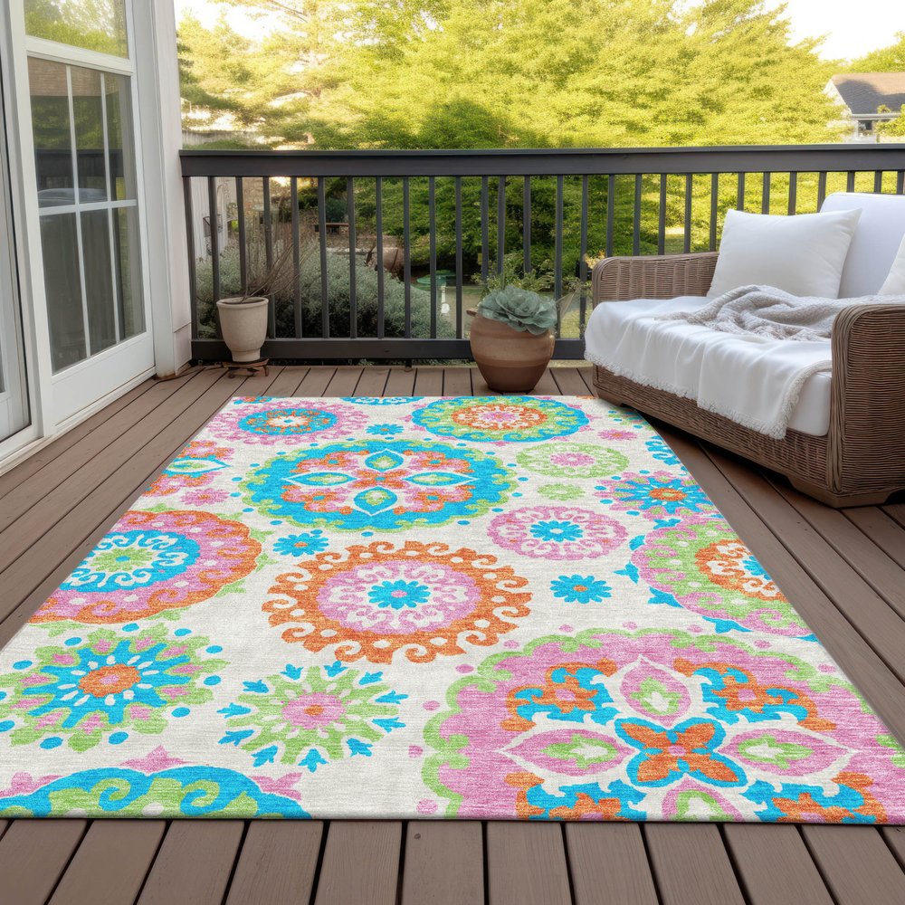 9' X 12' White Orange And Teal Blue Floral Medallion Washable Indoor Outdoor Area Rug