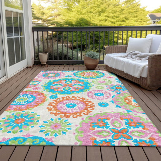 9' X 12' White Orange And Teal Blue Floral Medallion Washable Indoor Outdoor Area Rug