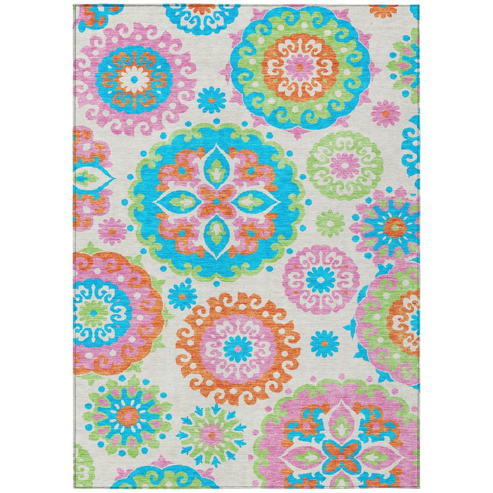 9' X 12' White Orange And Teal Blue Floral Medallion Washable Indoor Outdoor Area Rug