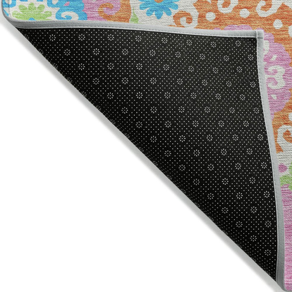 9' X 12' White Orange And Teal Blue Floral Medallion Washable Indoor Outdoor Area Rug