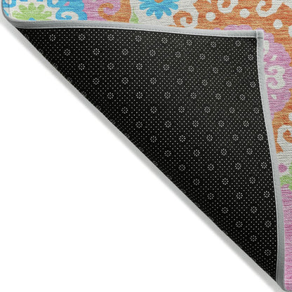 9' X 12' White Orange And Teal Blue Floral Medallion Washable Indoor Outdoor Area Rug