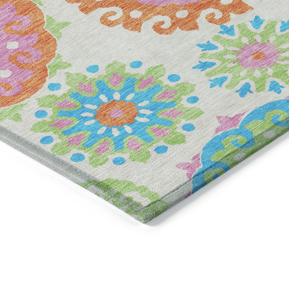 9' X 12' White Orange And Teal Blue Floral Medallion Washable Indoor Outdoor Area Rug