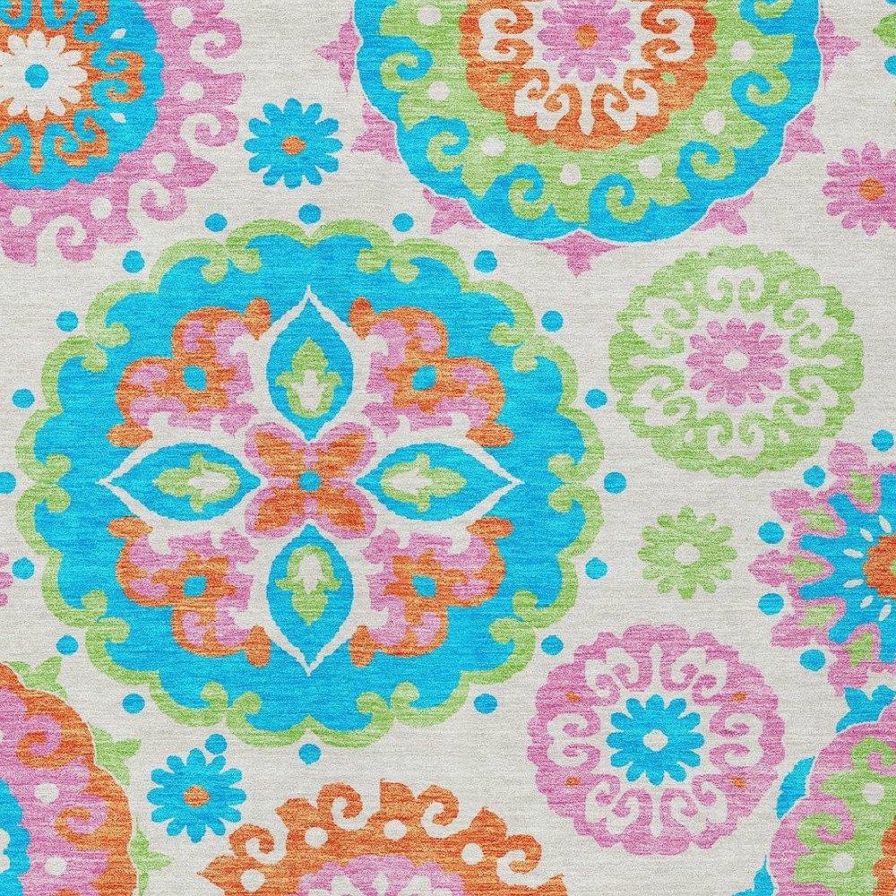 9' X 12' White Orange And Teal Blue Floral Medallion Washable Indoor Outdoor Area Rug