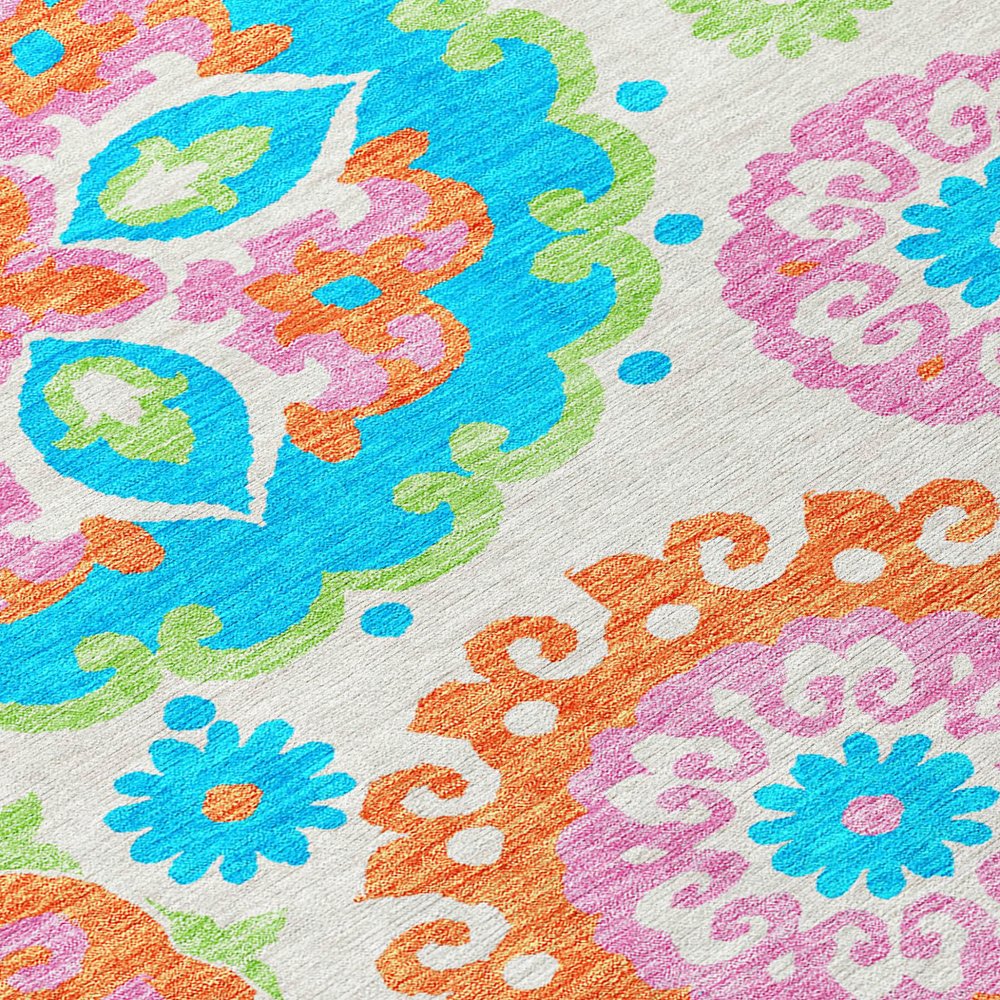 9' X 12' White Orange And Teal Blue Floral Medallion Washable Indoor Outdoor Area Rug