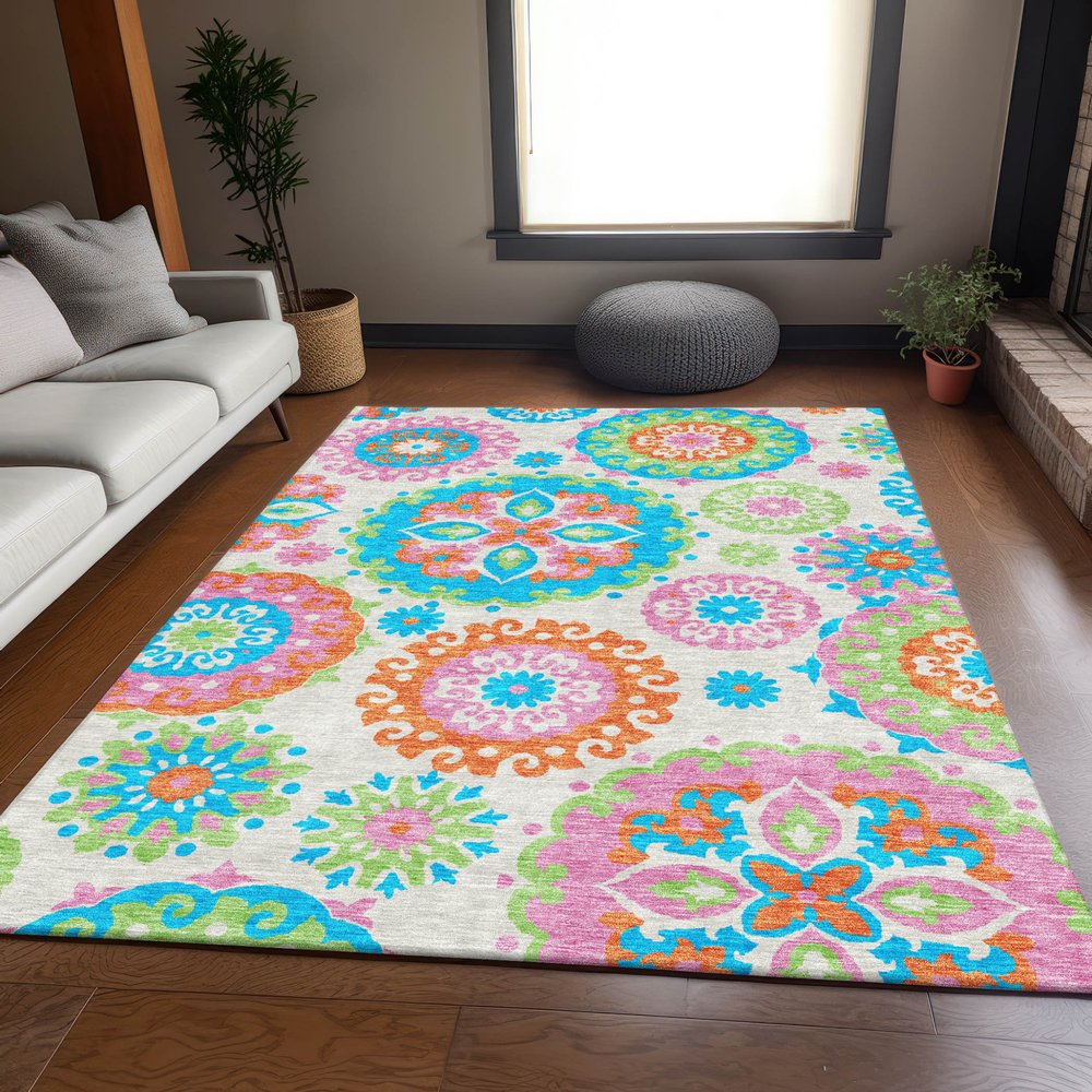 9' X 12' White Orange And Teal Blue Floral Medallion Washable Indoor Outdoor Area Rug