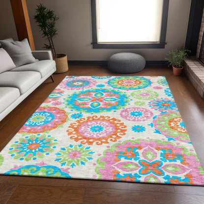 9' X 12' White Orange And Teal Blue Floral Medallion Washable Indoor Outdoor Area Rug