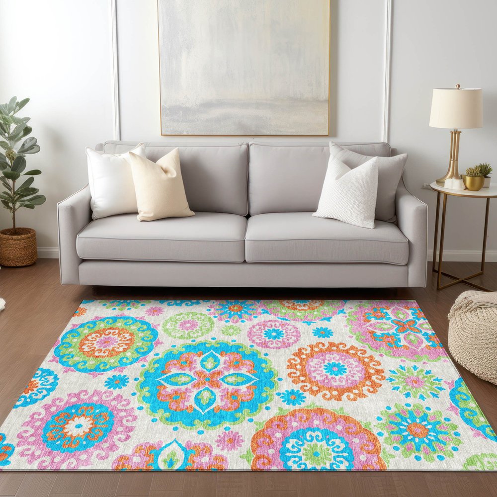 9' X 12' White Orange And Teal Blue Floral Medallion Washable Indoor Outdoor Area Rug