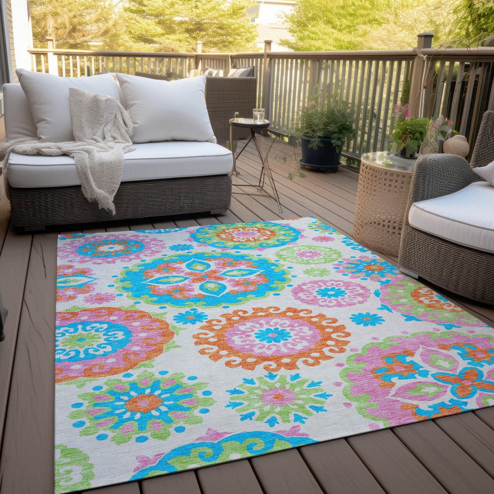 9' X 12' White Orange And Teal Blue Floral Medallion Washable Indoor Outdoor Area Rug