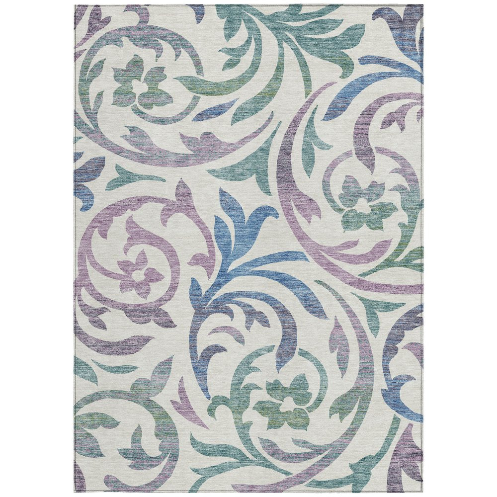 9' X 12' White Purple And Sage Floral Washable Indoor Outdoor Area Rug
