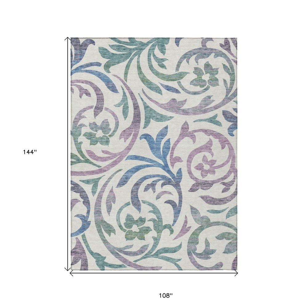9' X 12' White Purple And Sage Floral Washable Indoor Outdoor Area Rug