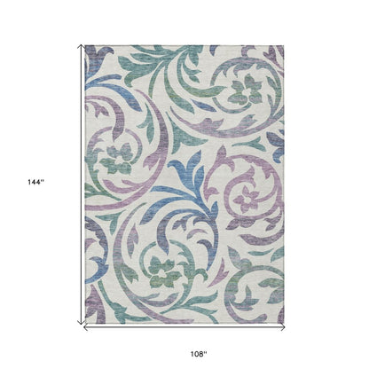 9' X 12' White Purple And Sage Floral Washable Indoor Outdoor Area Rug