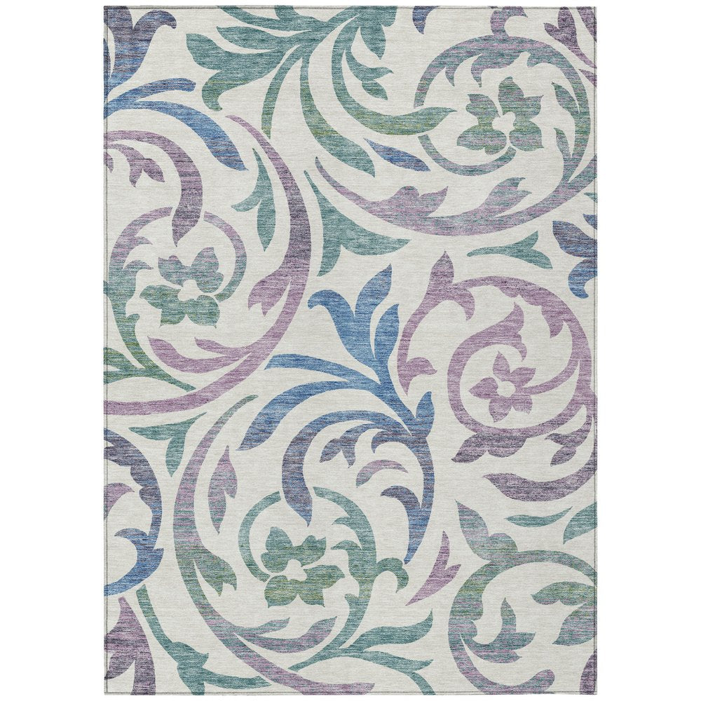 9' X 12' White Purple And Sage Floral Washable Indoor Outdoor Area Rug