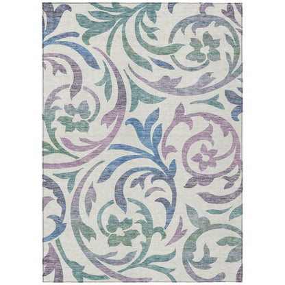 9' X 12' White Purple And Sage Floral Washable Indoor Outdoor Area Rug
