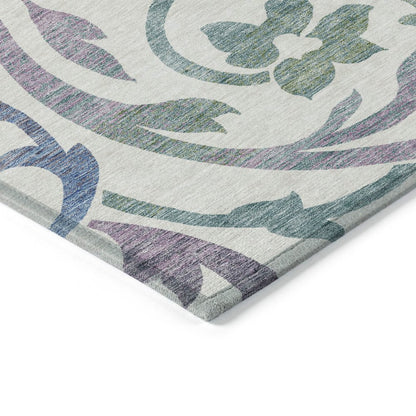 9' X 12' White Purple And Sage Floral Washable Indoor Outdoor Area Rug