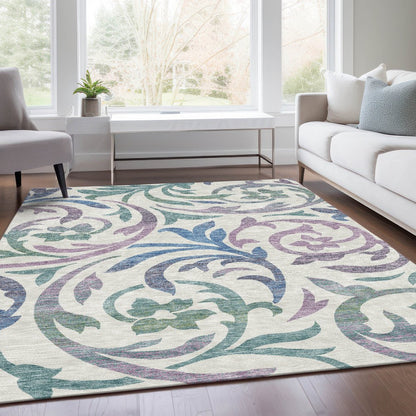 9' X 12' White Purple And Sage Floral Washable Indoor Outdoor Area Rug