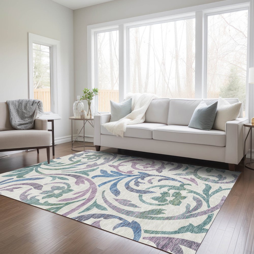 9' X 12' White Purple And Sage Floral Washable Indoor Outdoor Area Rug
