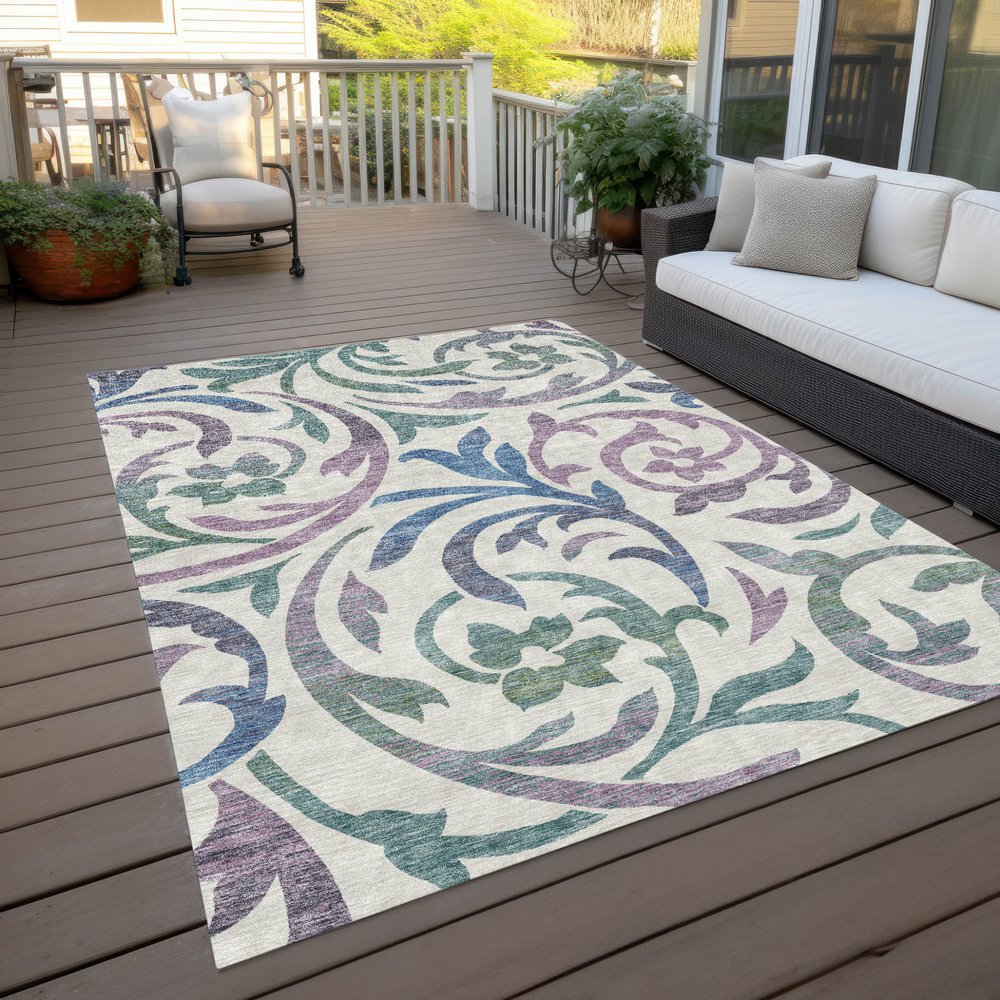 9' X 12' White Purple And Sage Floral Washable Indoor Outdoor Area Rug