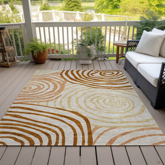 9' X 12' Terra Cotta Copper And Gold Abstract Washable Indoor Outdoor Area Rug