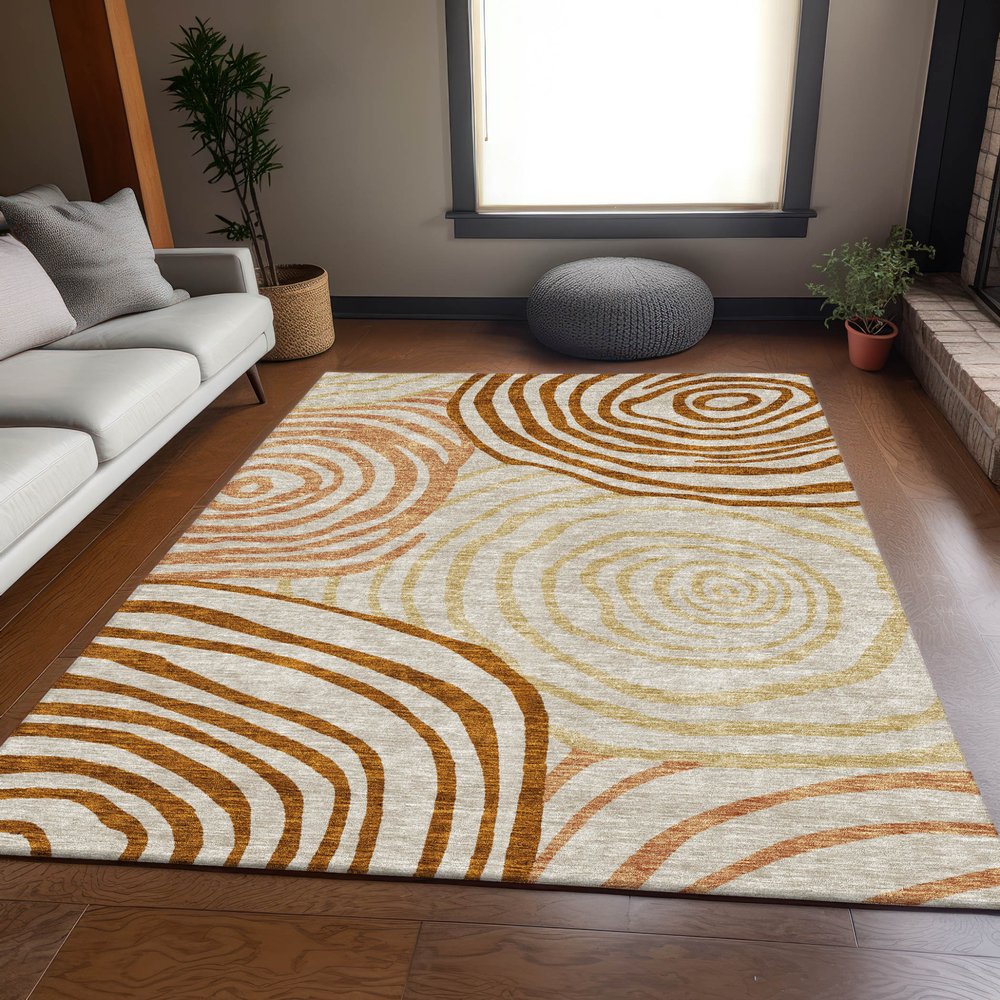 9' X 12' Terra Cotta Copper And Gold Abstract Washable Indoor Outdoor Area Rug