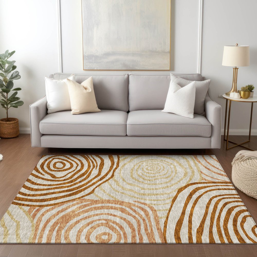 9' X 12' Terra Cotta Copper And Gold Abstract Washable Indoor Outdoor Area Rug