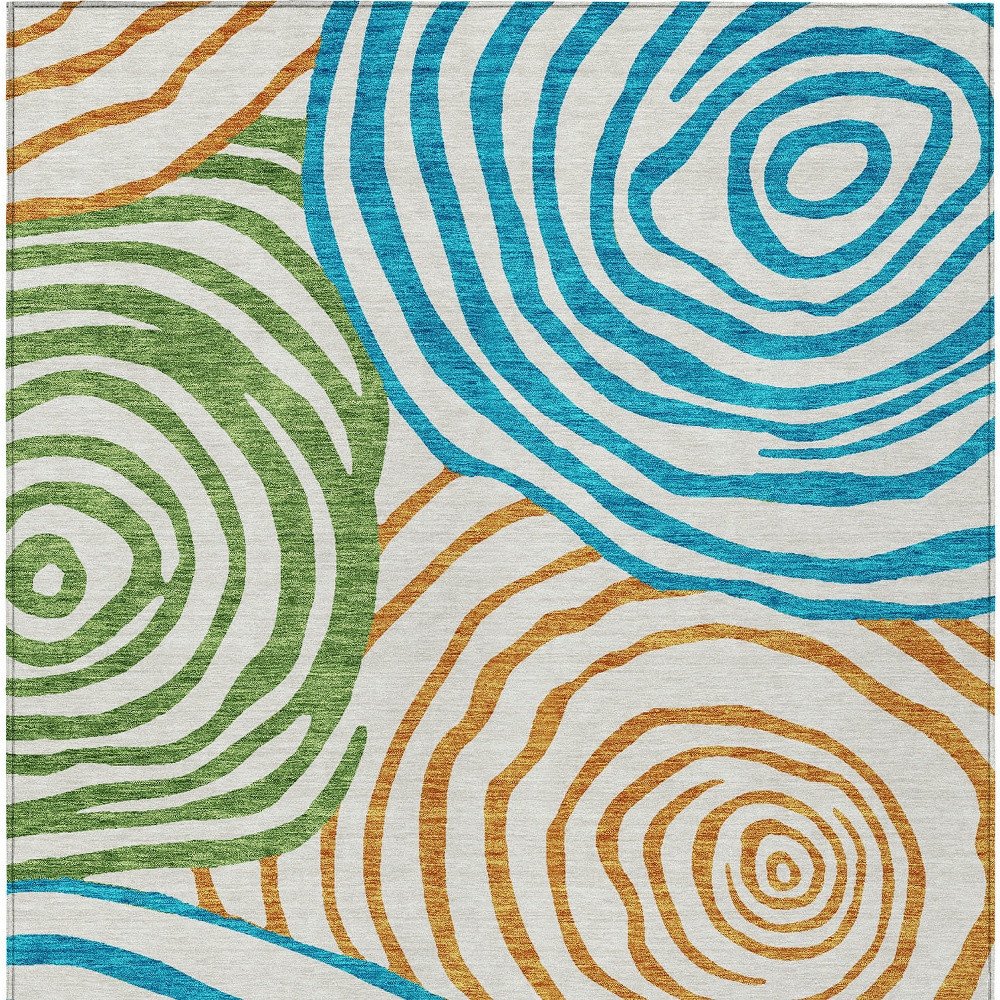 9' X 12' White Orange And Teal Blue Abstract Washable Indoor Outdoor Area Rug