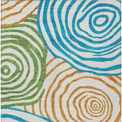 9' X 12' White Orange And Teal Blue Abstract Washable Indoor Outdoor Area Rug