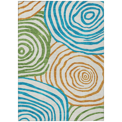 9' X 12' White Orange And Teal Blue Abstract Washable Indoor Outdoor Area Rug