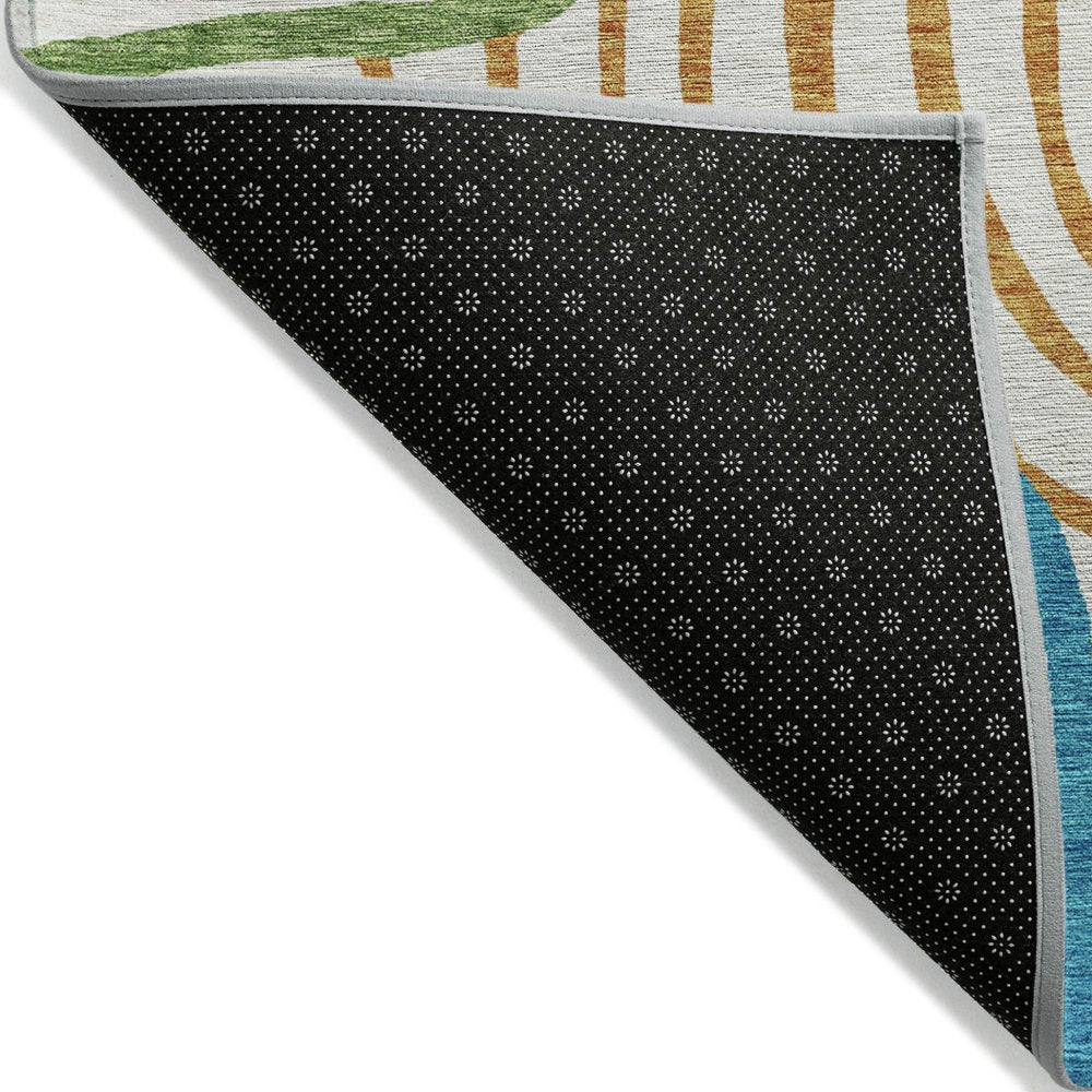9' X 12' White Orange And Teal Blue Abstract Washable Indoor Outdoor Area Rug