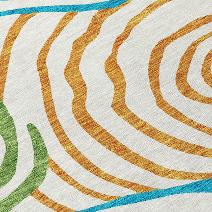 9' X 12' White Orange And Teal Blue Abstract Washable Indoor Outdoor Area Rug
