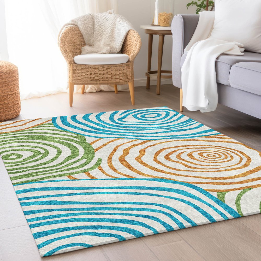 9' X 12' White Orange And Teal Blue Abstract Washable Indoor Outdoor Area Rug