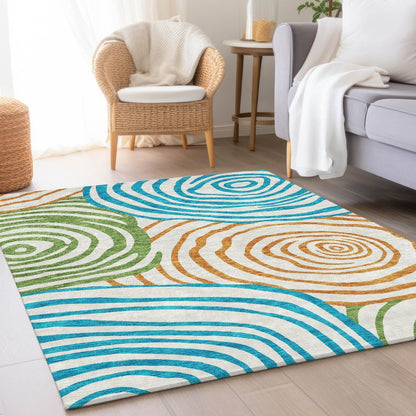 9' X 12' White Orange And Teal Blue Abstract Washable Indoor Outdoor Area Rug