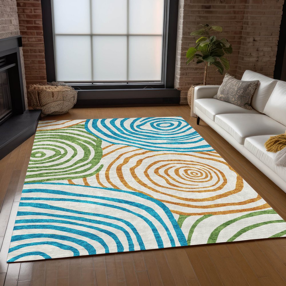9' X 12' White Orange And Teal Blue Abstract Washable Indoor Outdoor Area Rug